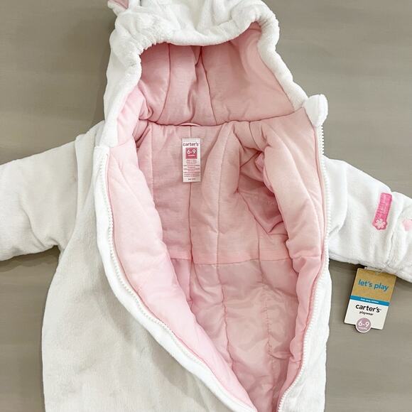 Carters Infant Baby Girl Bunting Snowsuit Mouse White Pink Faux Fur NWT 6-9M - Picture 4 of 10